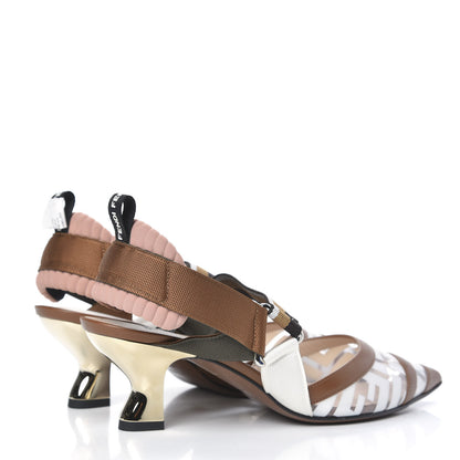 Fendi PVC Vitello FF Colibri 55mm Slingback Pumps 37 Transparent White Cuoio Avana 4 of 8