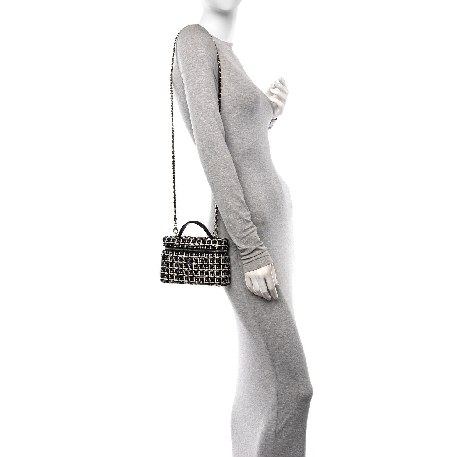 Chanel Tweed Quilted Top Handle Slim Long Vanity Black Ecru White 2 of 11