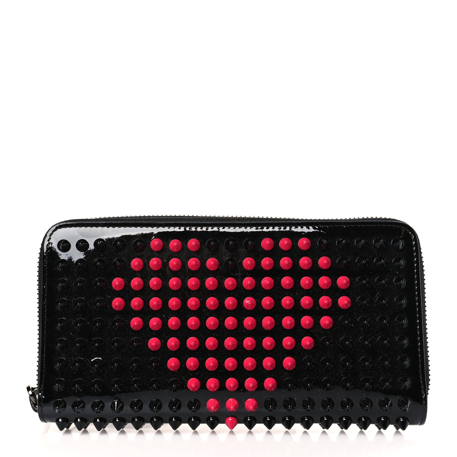 Christian Louboutin Patent Panettone Spiked Valentines Zip Around Wallet Black Fuchsia 1 of 6