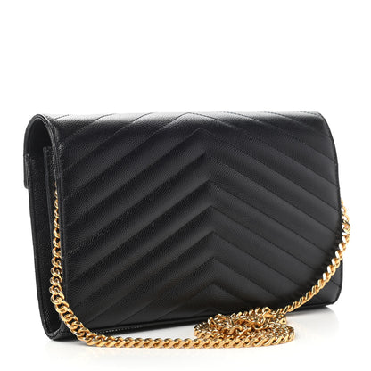 Saint Laurent Grain De Poudre Matelasse Chevron Monogram Chain Wallet Black 3 of 8