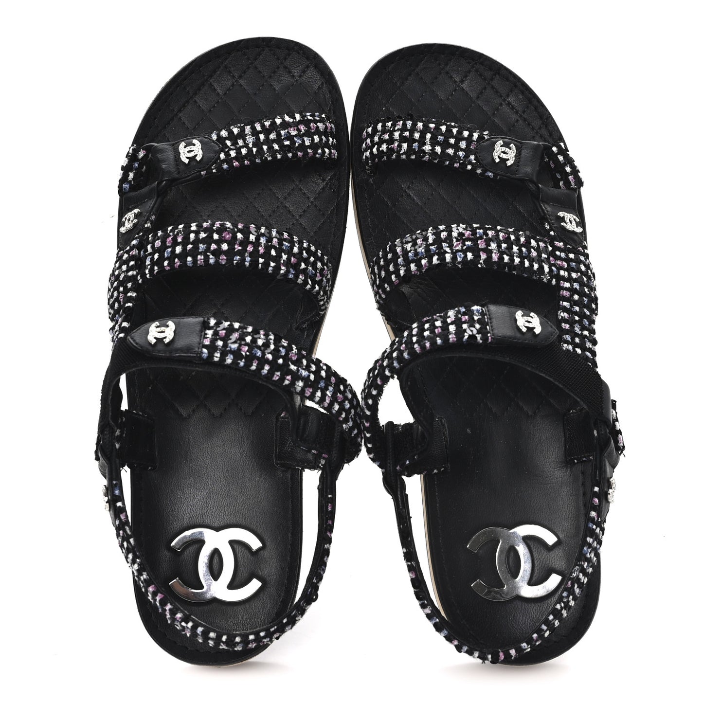 Glittered Tweed Lambskin Dad Sandals 40 Black Multicolor