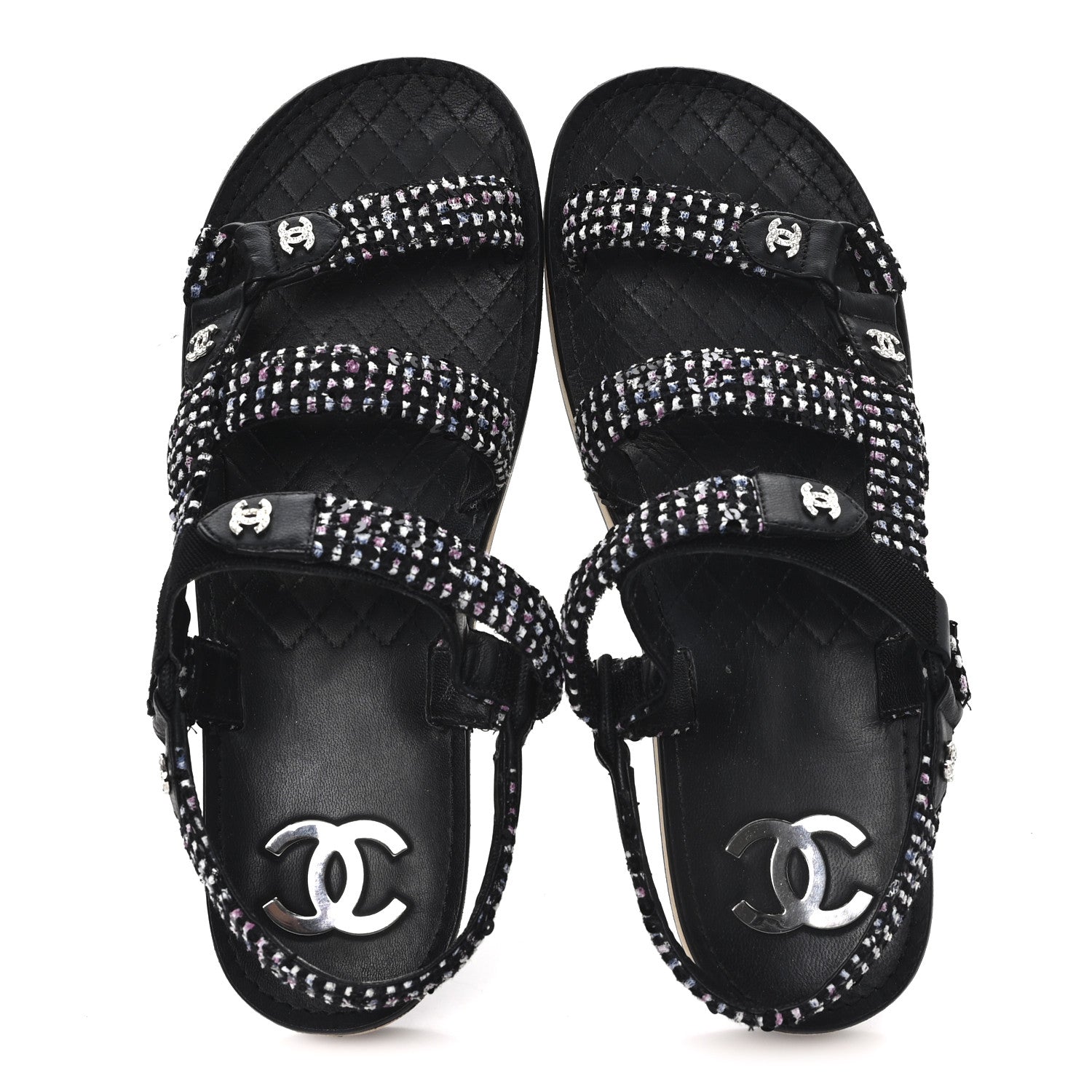 Chanel Glittered Tweed Lambskin Dad Sandals 40 Black Multicolor 2 of 11