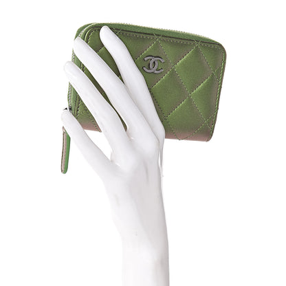 Chanel Metallic Lambskin Quilted Zip Around Coin Purse Wallet Green 2 of 8