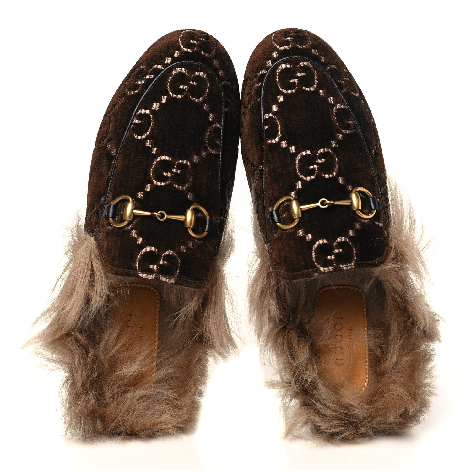 Gucci Velvet GG Monogram Fur Womens Princetown Slippers 36 Brown Black Natural 2 of 9