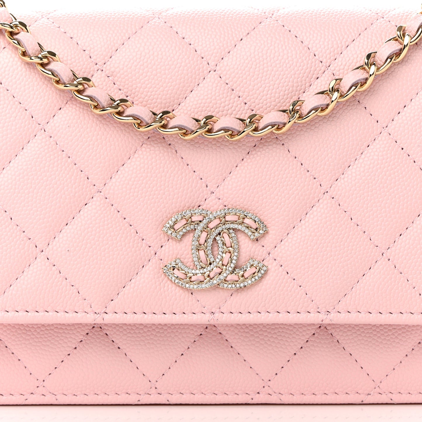 Caviar Quilted Crystal CC Wallet On Chain WOC Light Pink