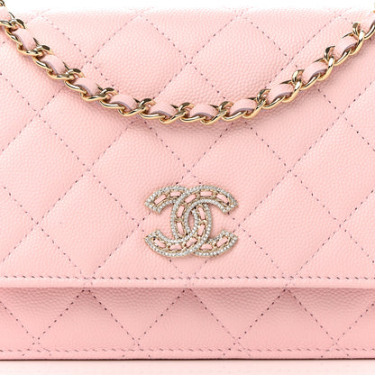 Chanel Caviar Quilted Crystal CC Wallet On Chain WOC Light Pink 9 of 11