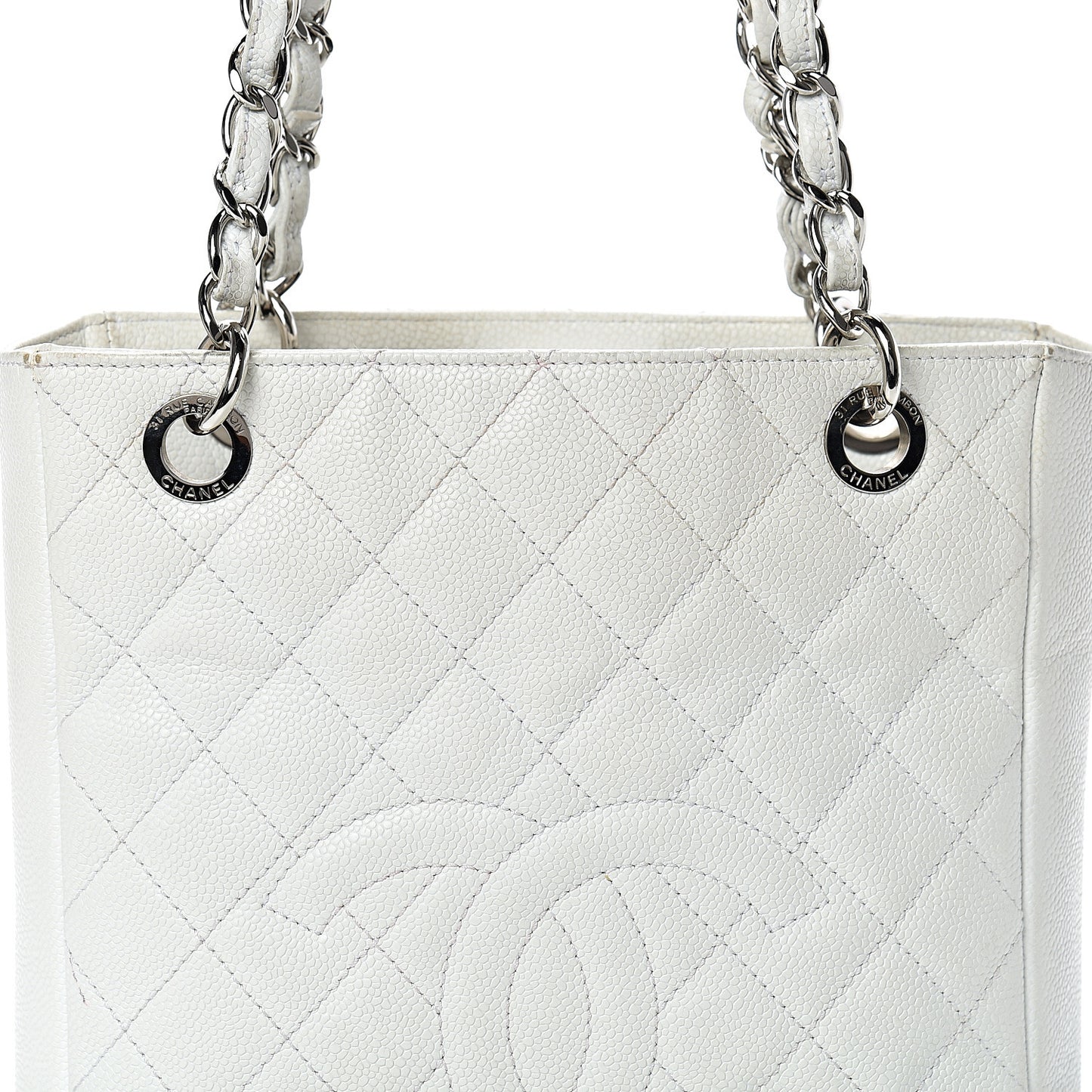 Caviar Quilted Petit Shopping Tote PST White