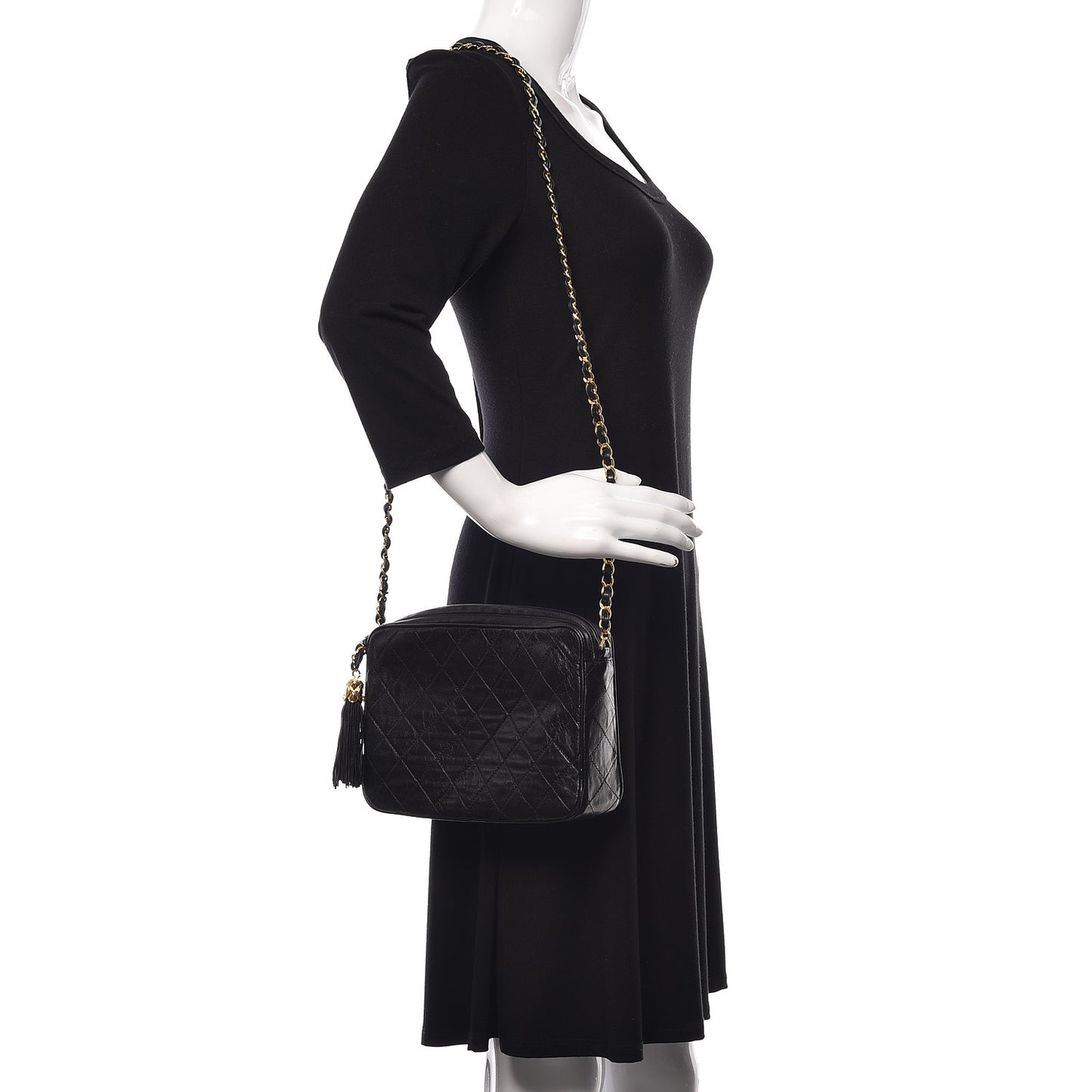 Lambskin Quilted Tassel Camera Case Pouch Black