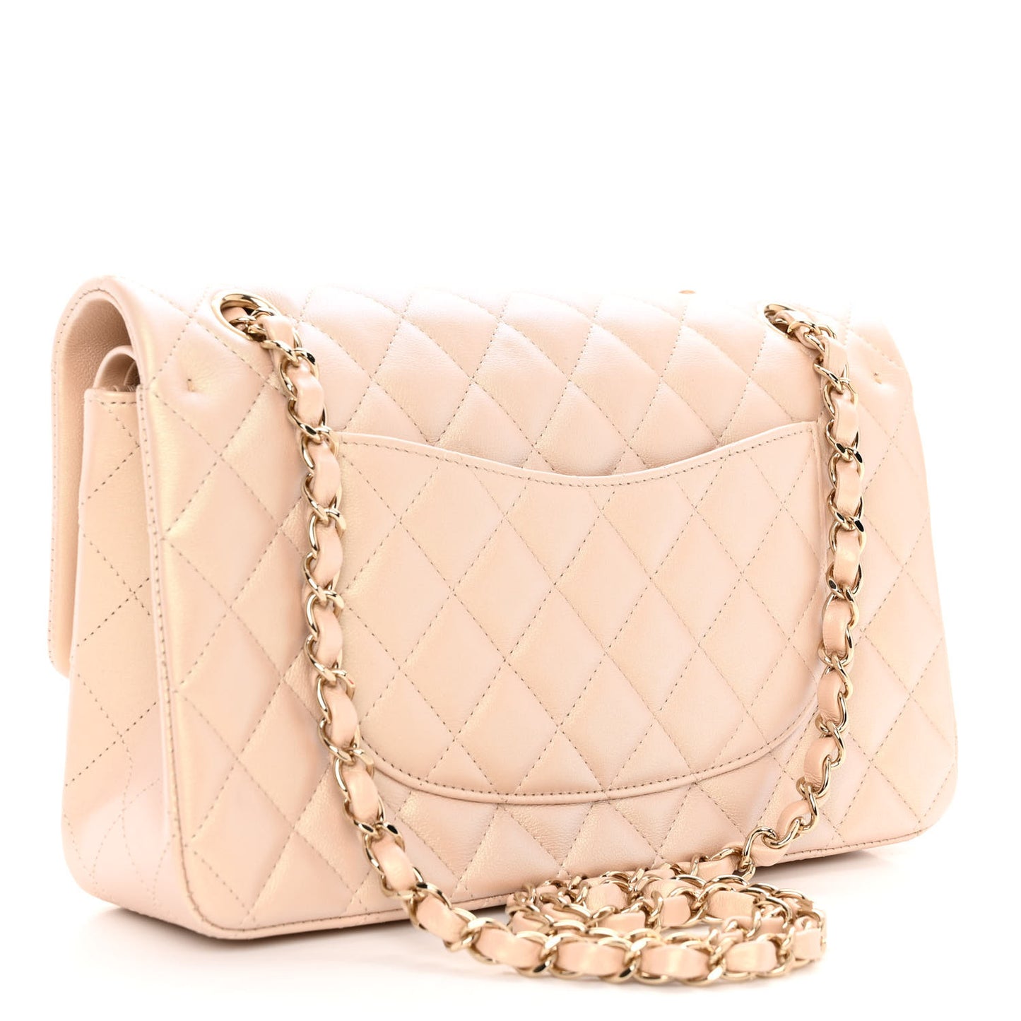 Iridescent Calfskin Quilted Medium Double Flap Beige