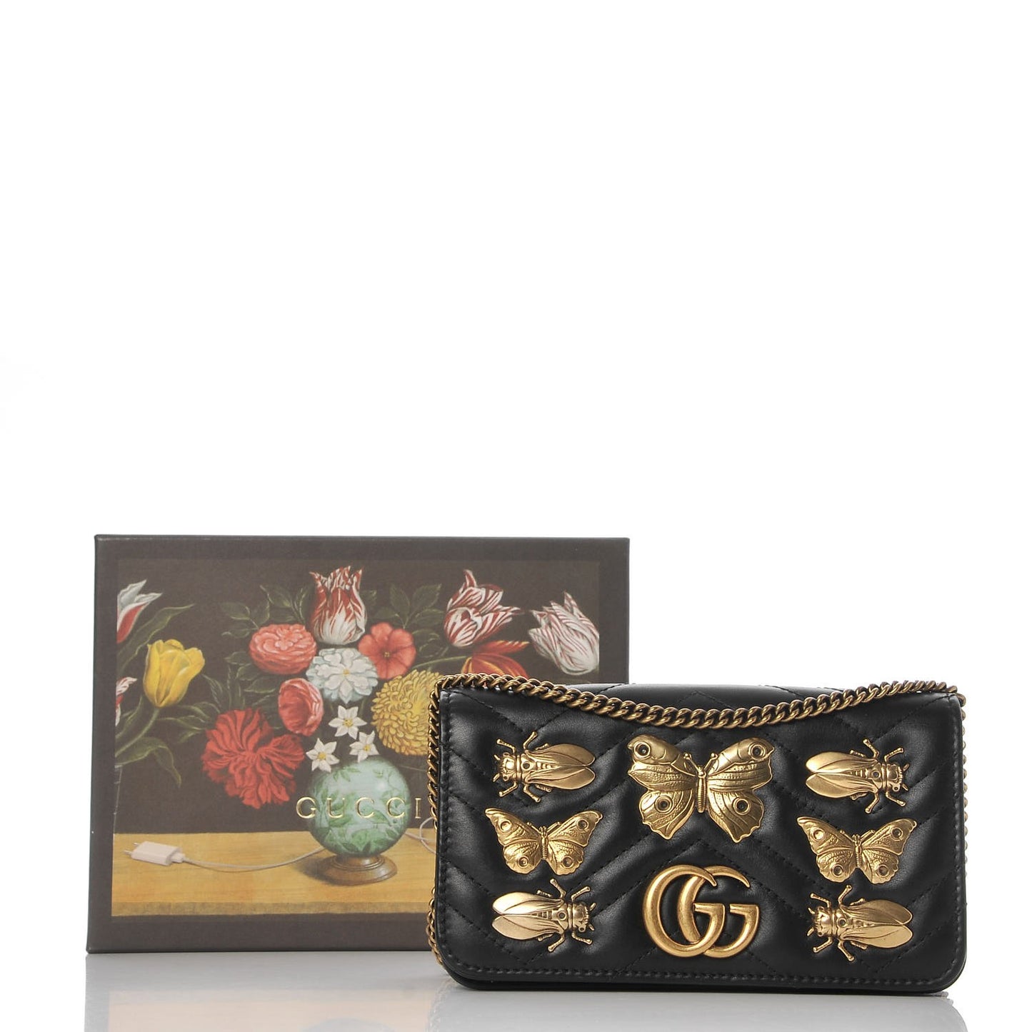Calfskin Matelasse Mini Animal Studs GG Marmont Bag Black