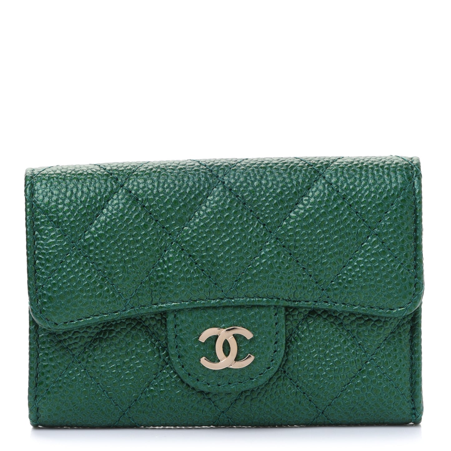 Metallic Caviar Quilted Card Holder Green