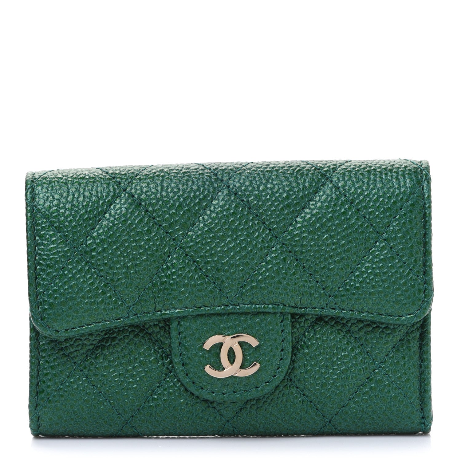 Chanel Metallic Caviar Quilted Card Holder Green 1 of 9