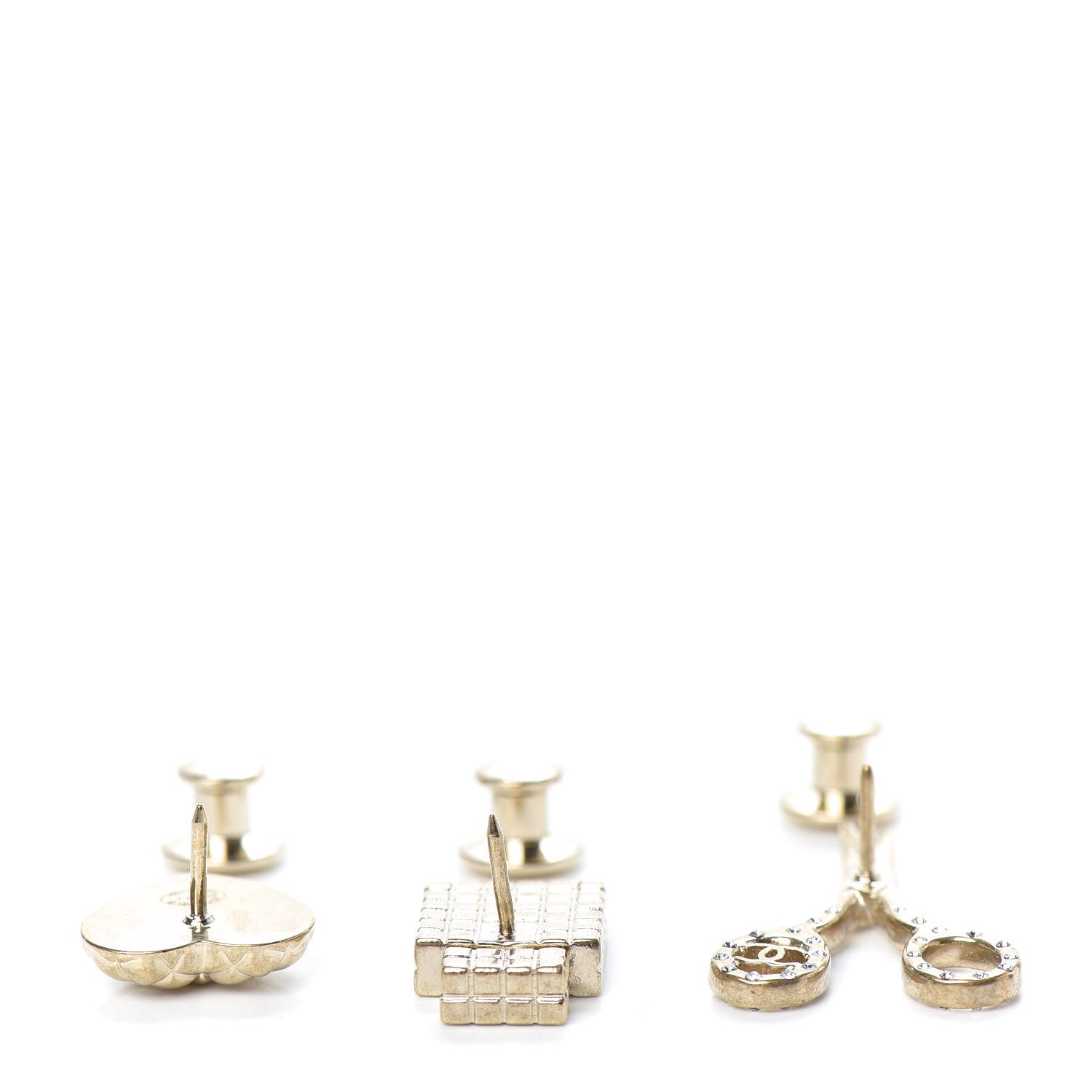 Chanel Metal Strass Crystal Quilted CC Heart Scissors Perfume Brooch Set Gold 3 of 5