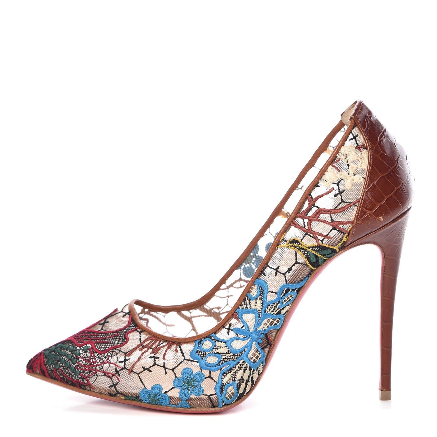 Christian Louboutin Lace Calfskin Crocodile Embossed Follies 100 Pumps 38.5 Cuoio Multicolor 1 of 13