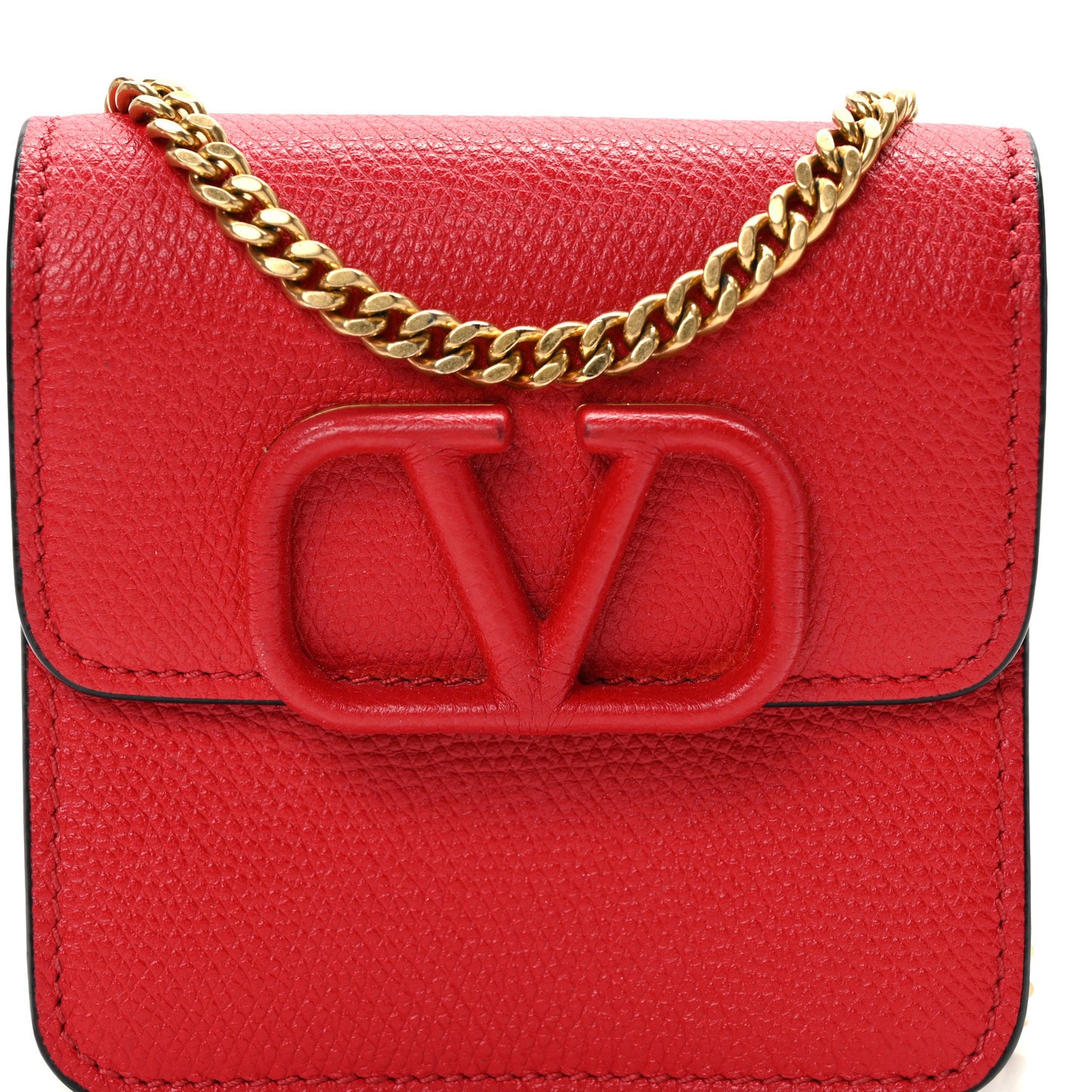 VALENTINO GARAVANI Grainy Calfskin VLogo Compact Wallet with Chain Rouge Pur
