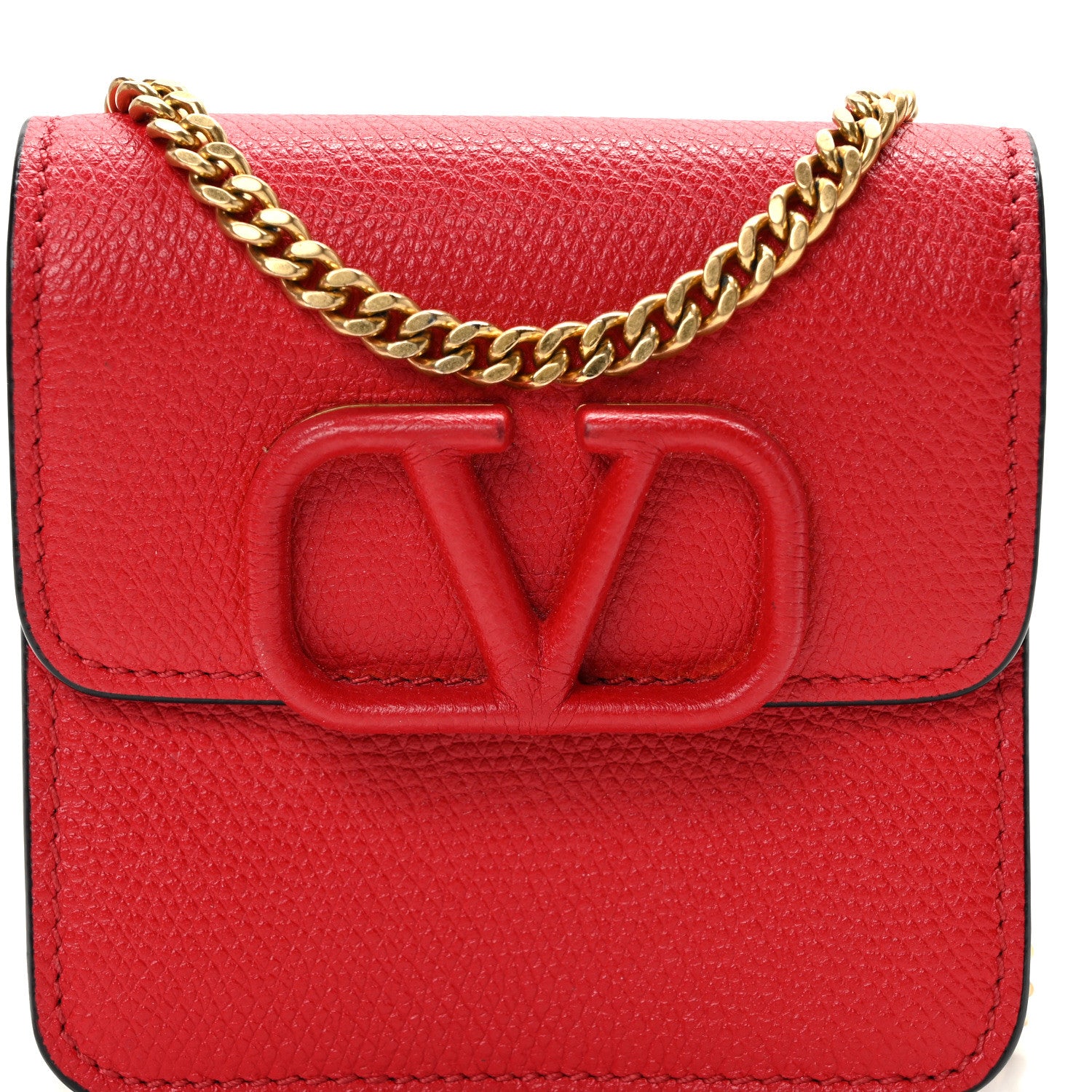 Valentino Garavani VALENTINO GARAVANI Grainy Calfskin VLogo Compact Wallet with Chain Rouge Pur 6 of 9