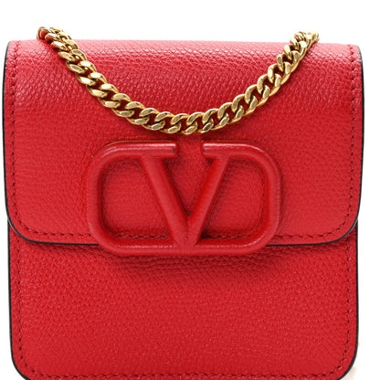 Valentino Garavani VALENTINO GARAVANI Grainy Calfskin VLogo Compact Wallet with Chain Rouge Pur 6 of 9