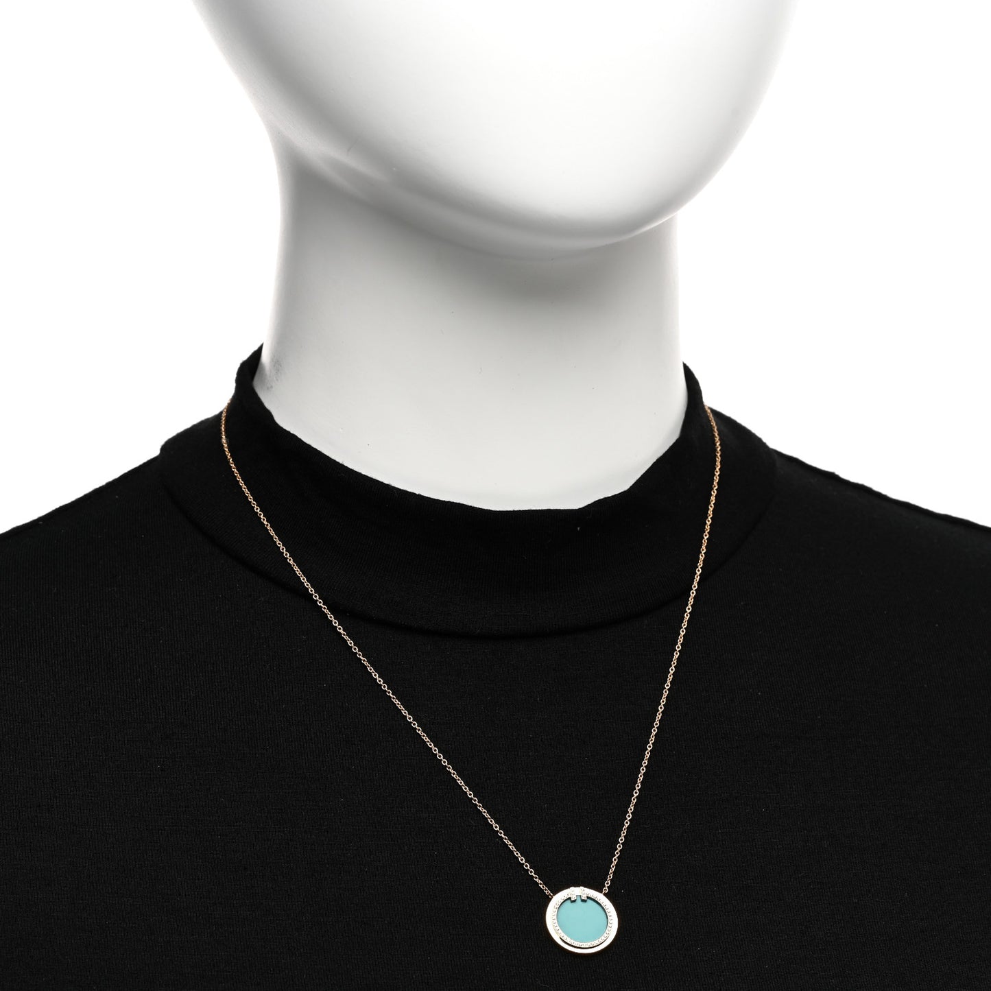 18K Rose Gold Diamond Turquoise T Circle Pendant Necklace