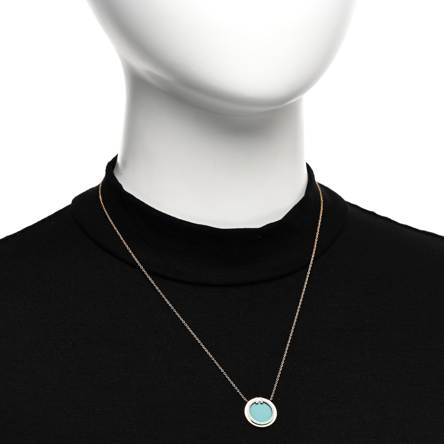 Tiffany 18K Rose Gold Diamond Turquoise T Circle Pendant Necklace 2 of 5