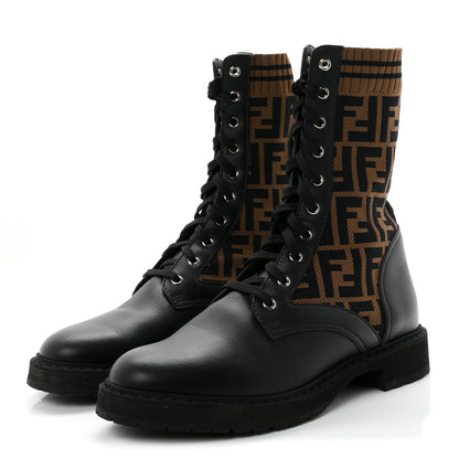 Fendi Calfskin Stretch Fabric FF Rockoko Biker Boots 41 Black Tobacco 4 of 8