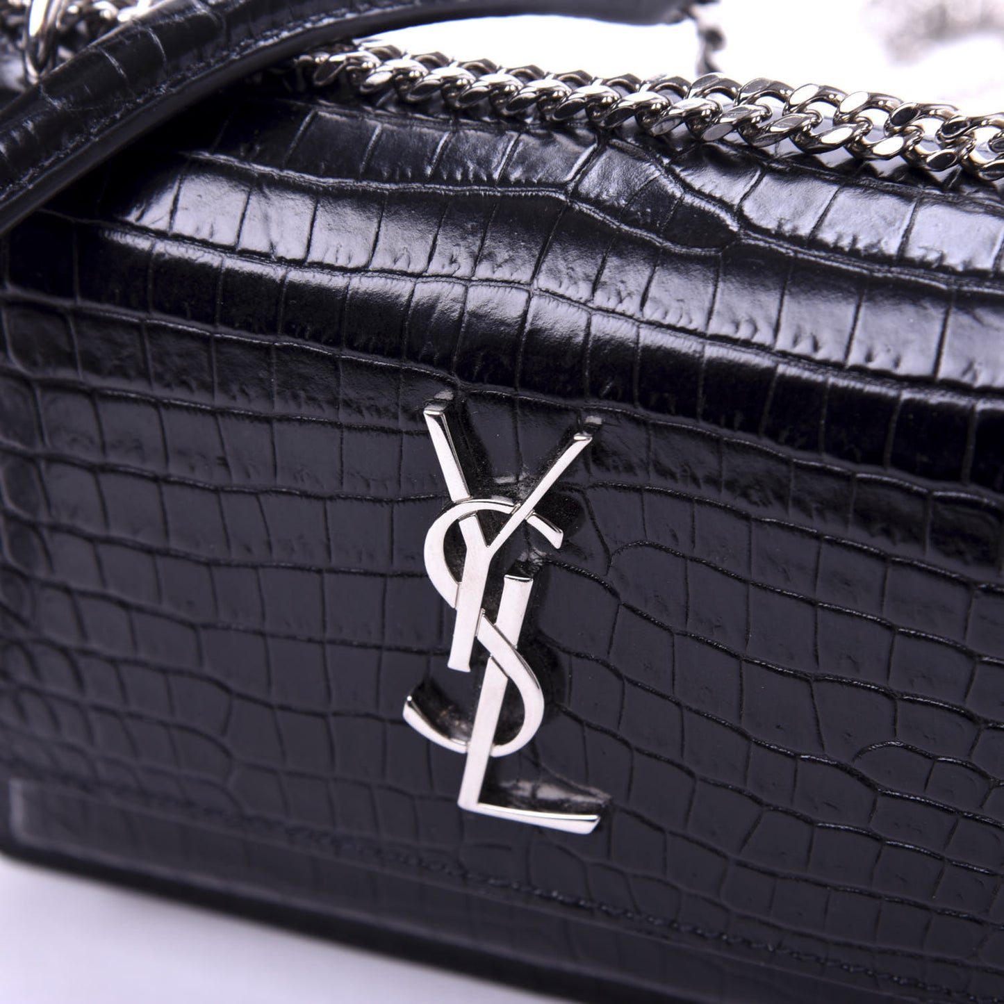 Calfskin Crocodile Embossed Monogram Sunset Chain Wallet Black