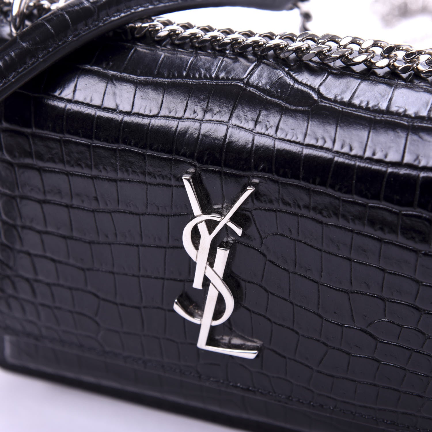 Saint Laurent Calfskin Crocodile Embossed Monogram Sunset Chain Wallet Black 10 of 10