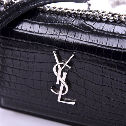 Saint Laurent Calfskin Crocodile Embossed Monogram Sunset Chain Wallet Black 10 of 10