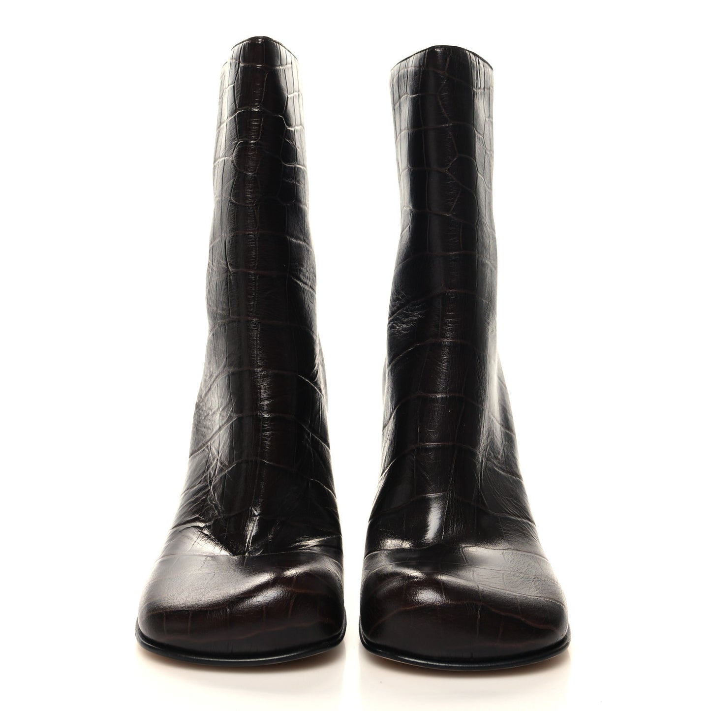 Calfskin Crocodile Embossed Bloc Ankle Boots 35 Brown