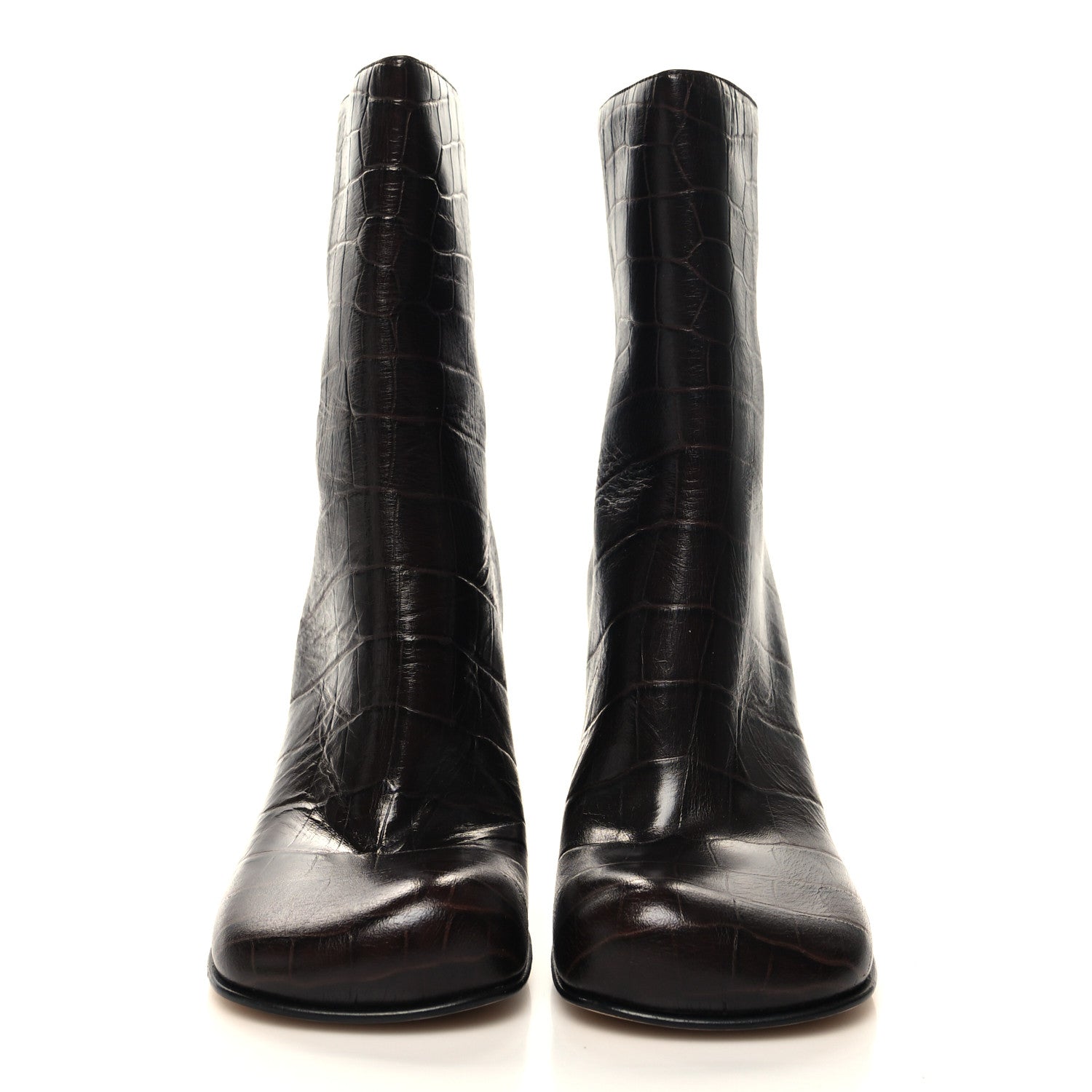 Bottega Veneta Calfskin Crocodile Embossed Bloc Ankle Boots 35 Brown 2 of 8