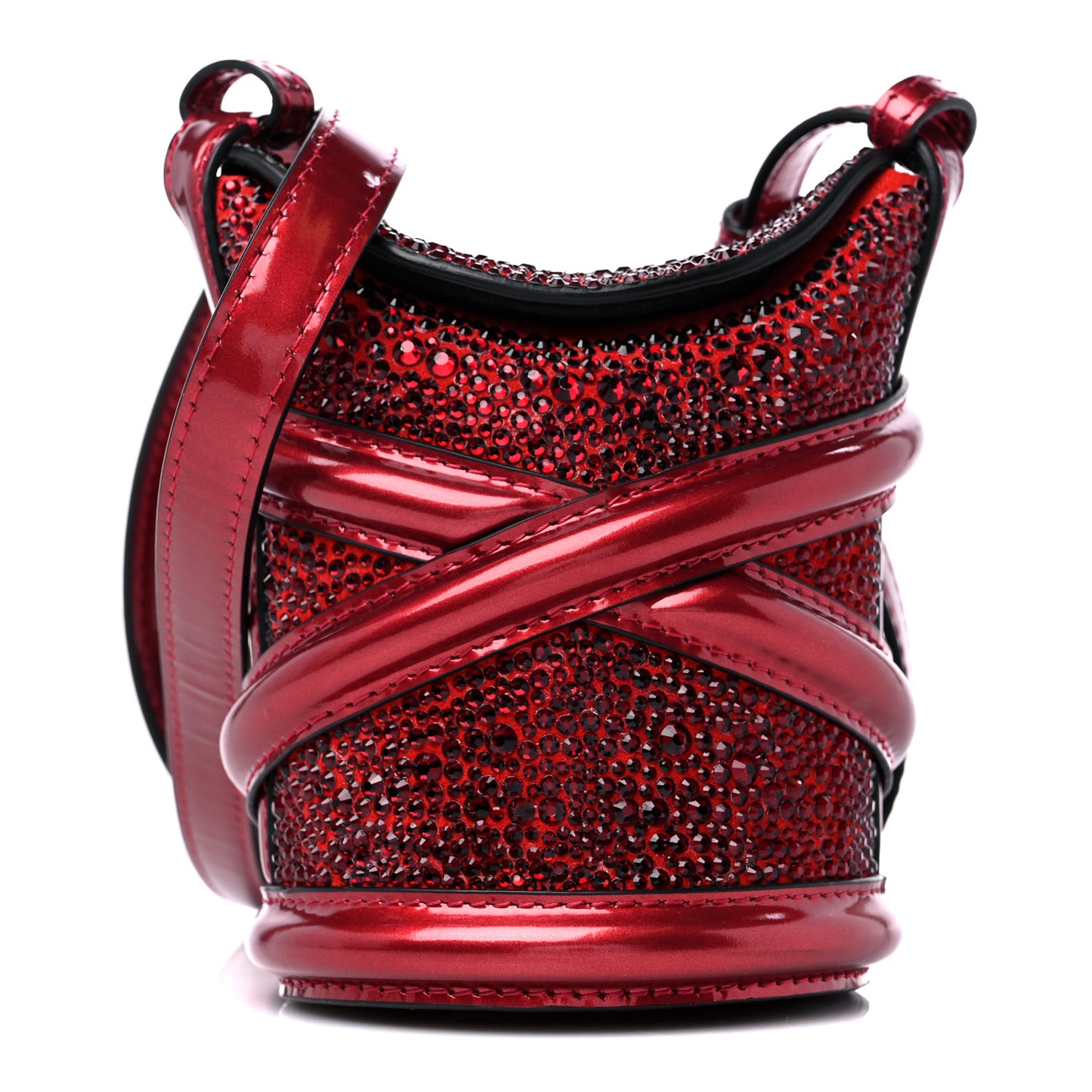 Metallic Calfskin Crystal Micro Curve Bucket Bag Red