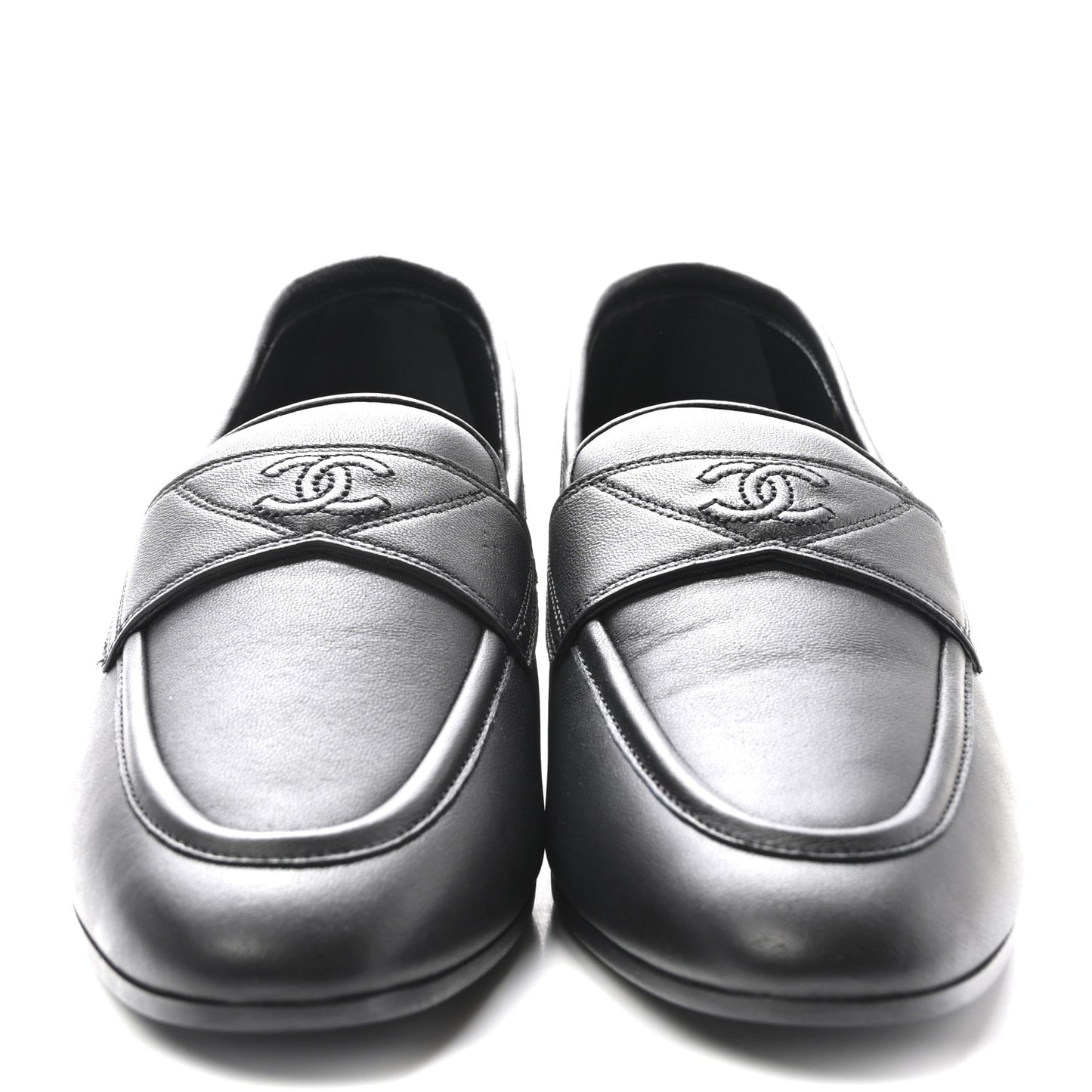 Calfskin Womens Stitched CC Loafers 37.5 Black