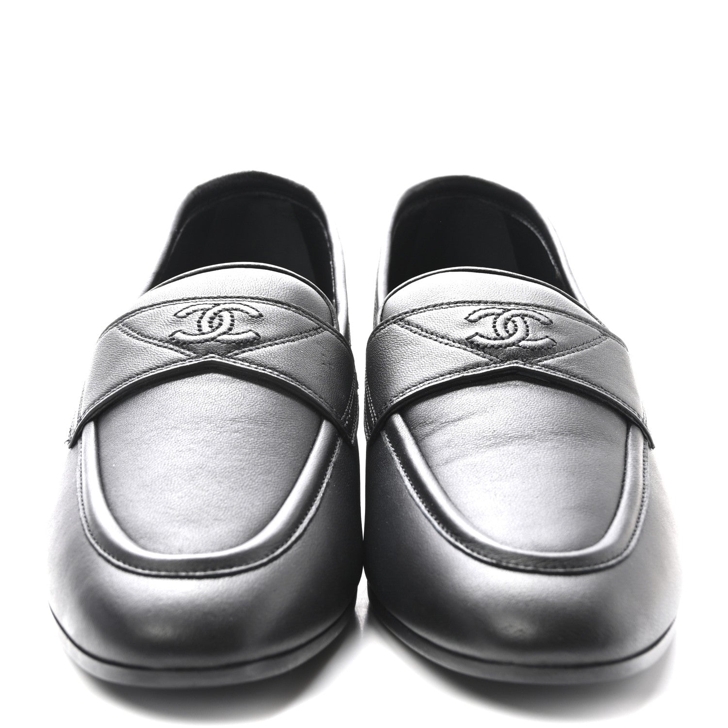 Chanel Calfskin Womens Stitched CC Loafers 37.5 Black 3 of 10