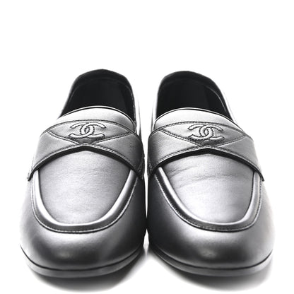 Chanel Calfskin Womens Stitched CC Loafers 37.5 Black 3 of 10