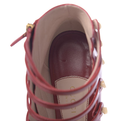 Gucci Malaga Kid Aneta Ladder-Strap Peep Toe Booties 37.5 Hibiscus Red 11 of 13