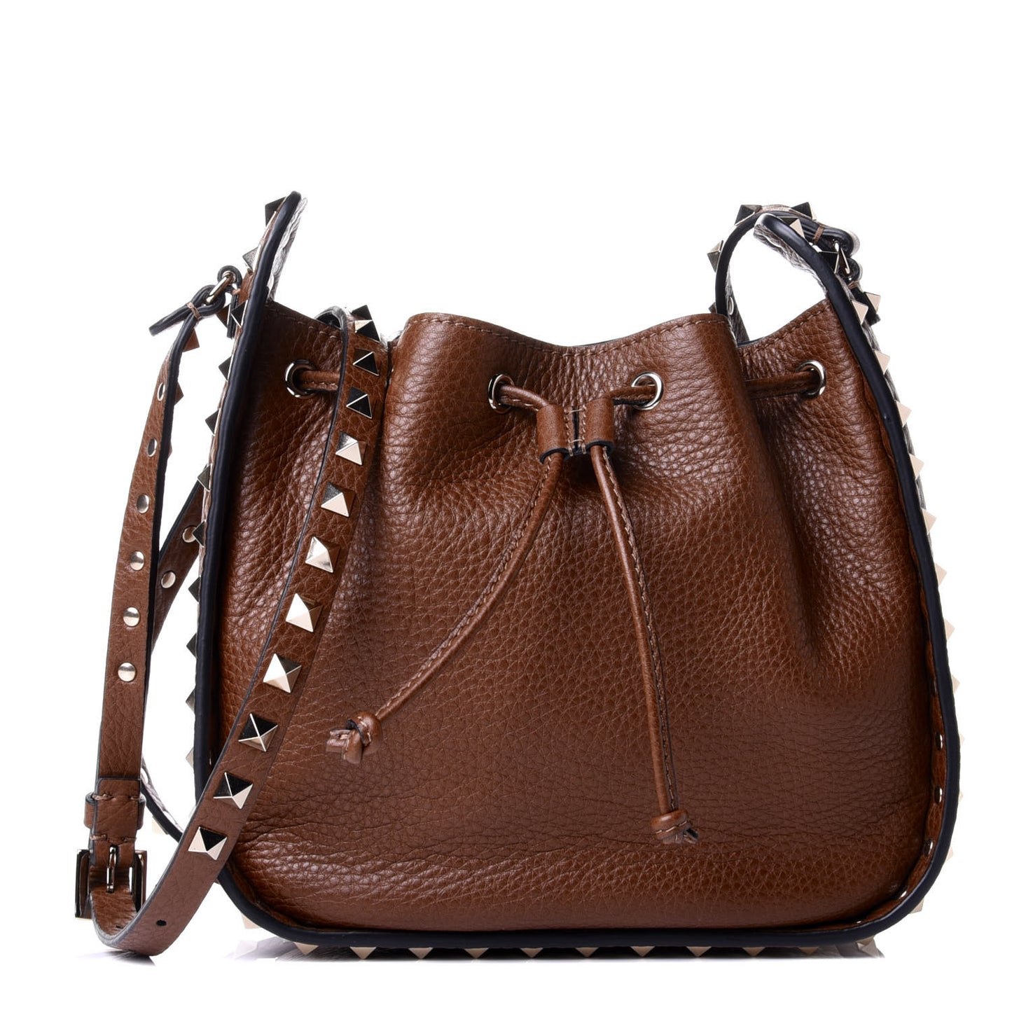 Grained Calfskin Rockstud Bucket Bag Deep Cuir