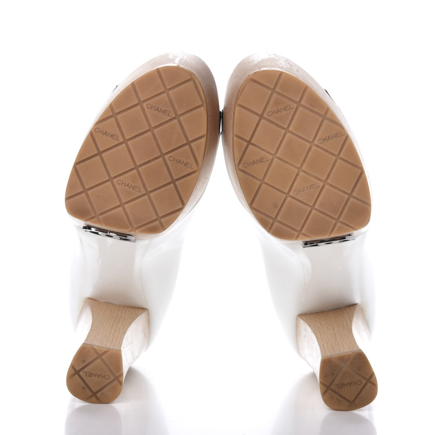 Chanel Patent Wooden Heel Peep Toe CC Pumps 40.5 White 6 of 9