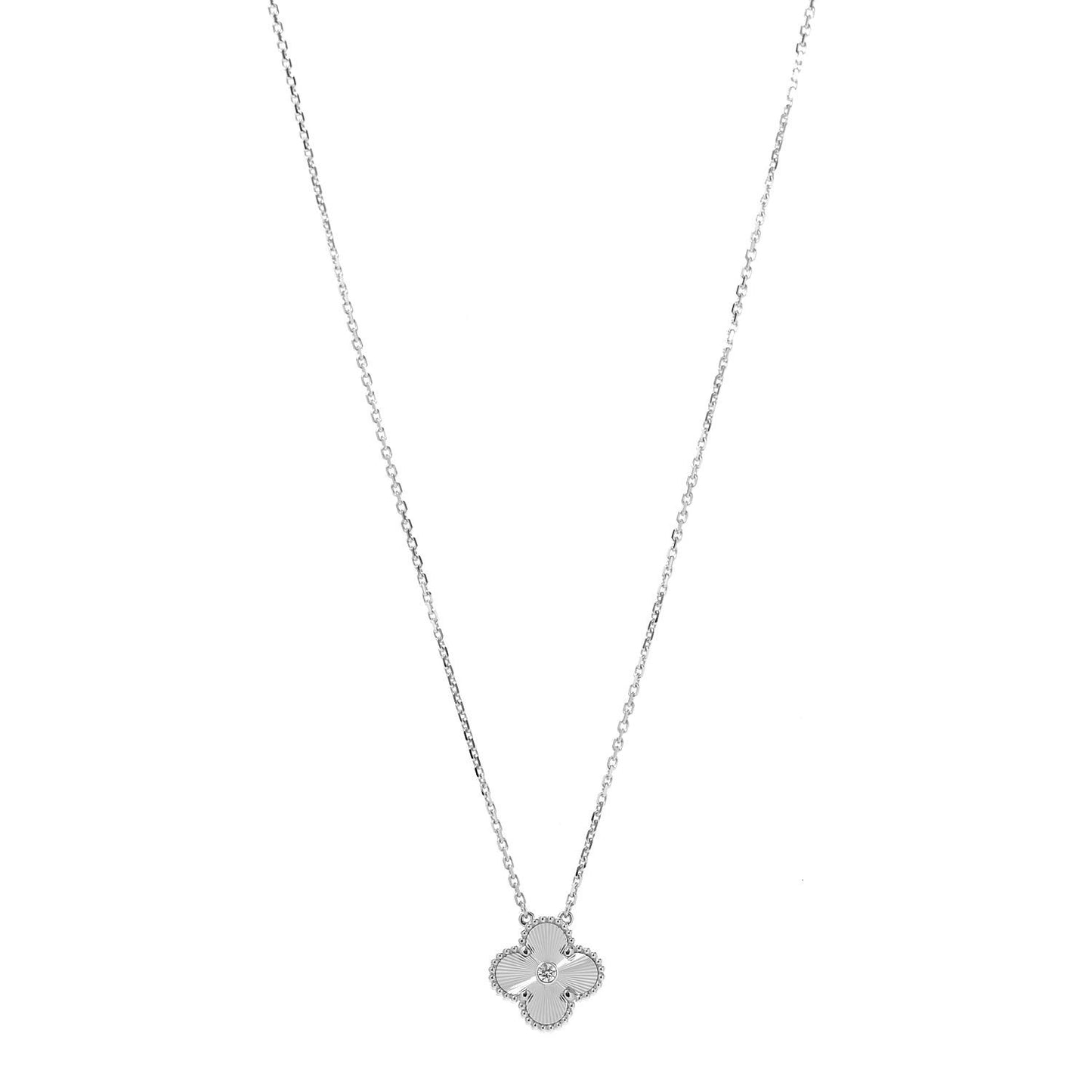 18K White Gold Diamond Guilloche Vintage Alhambra Pendant Necklace