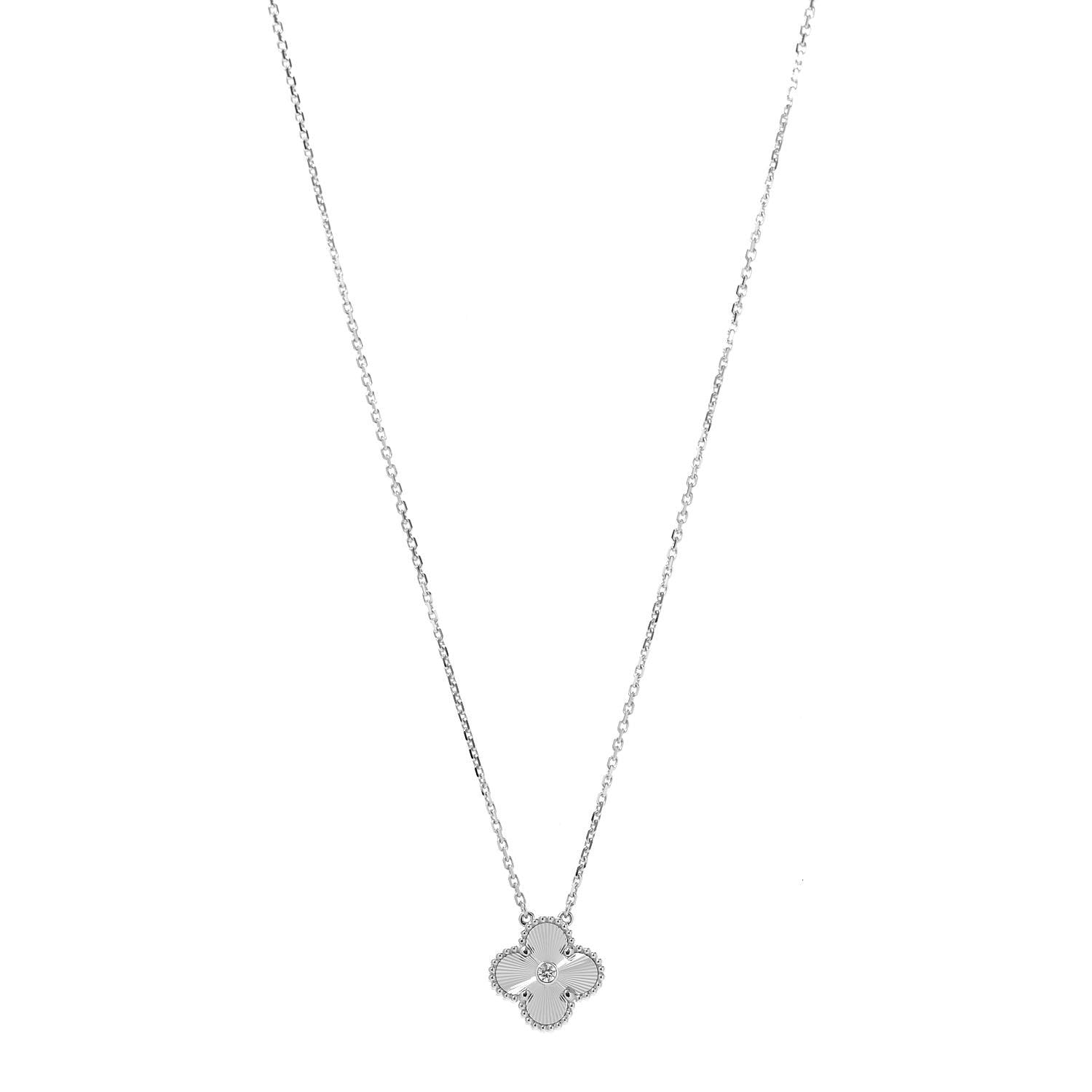Van Cleef & Arpels 18K White Gold Diamond Guilloche Vintage Alhambra Pendant Necklace 1 of 7