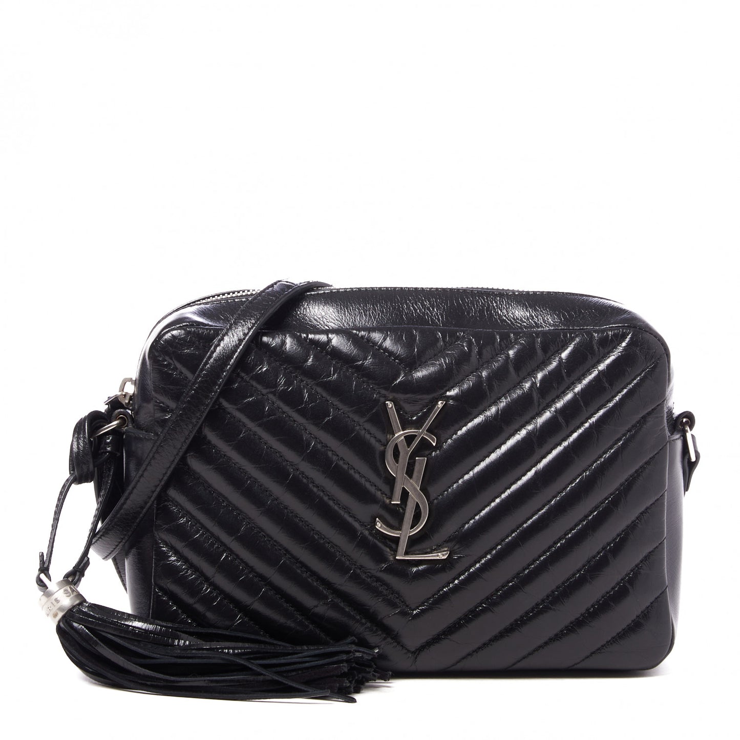 Cracked Shiny Calfskin Matelasse Monogram Lou Camera Bag Black