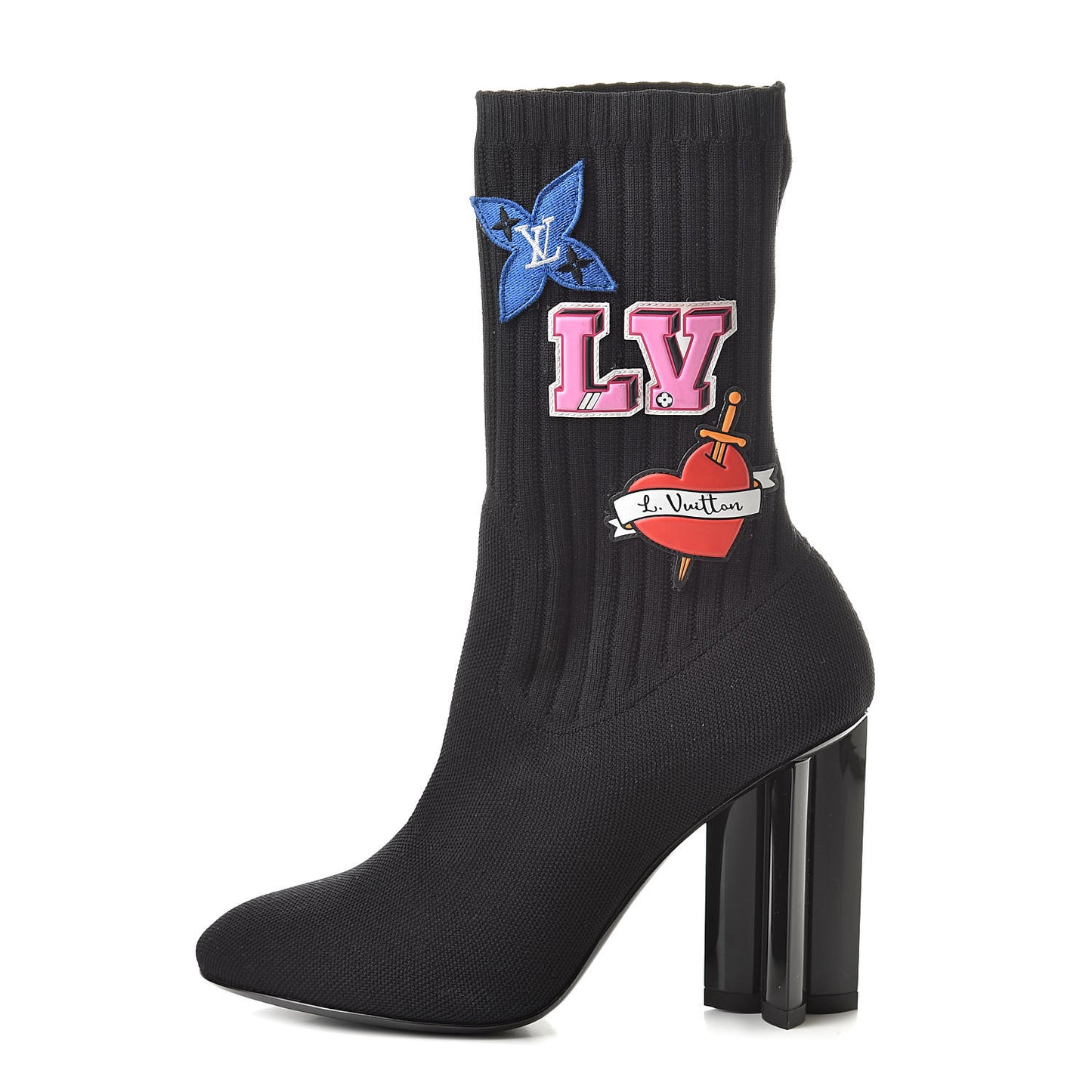 Stretch Fabric LV Black Heart Sock Ankle Boots 38 Black