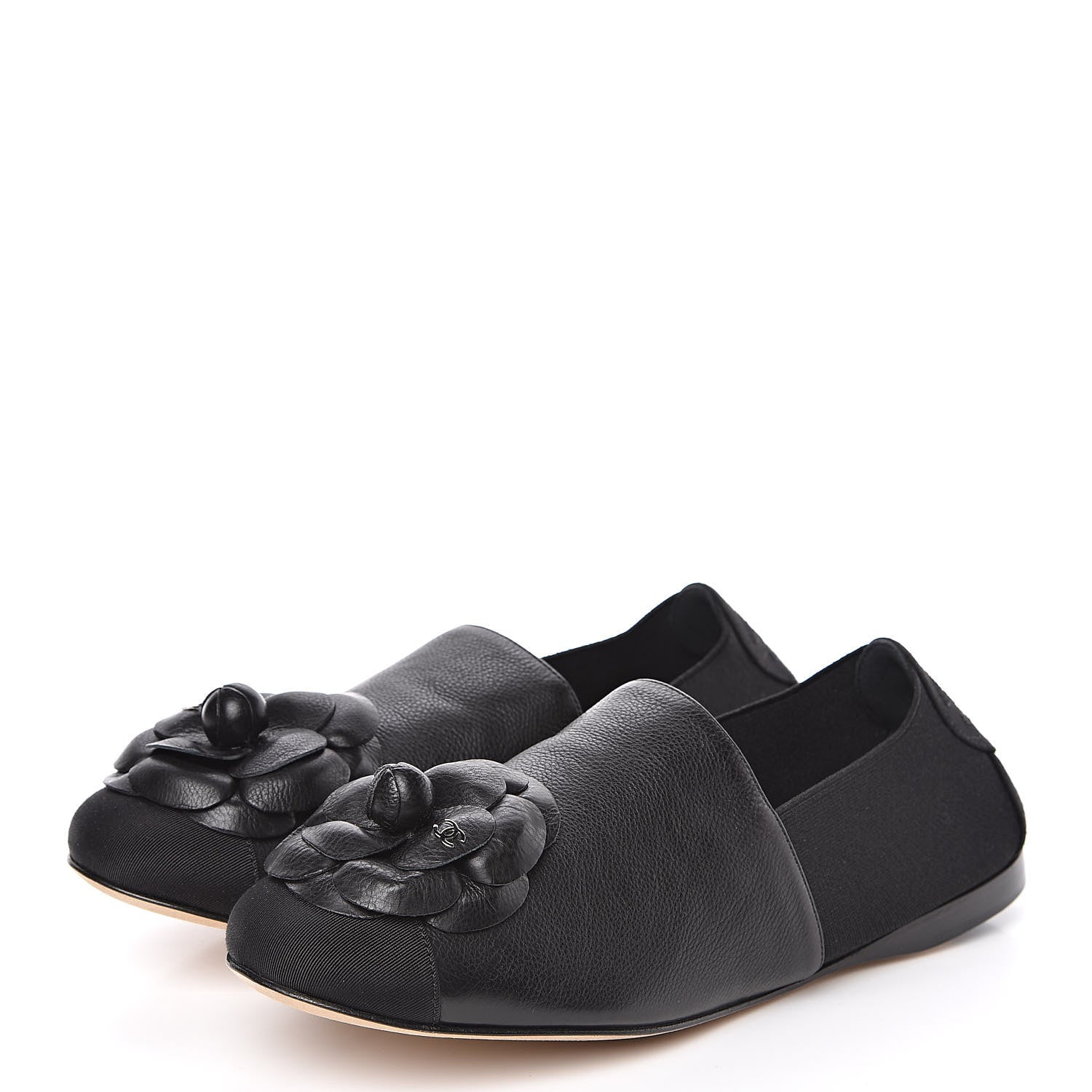 Chanel Calfskin Fabric Camellia Moccasin Flats 39 Black 3 of 9