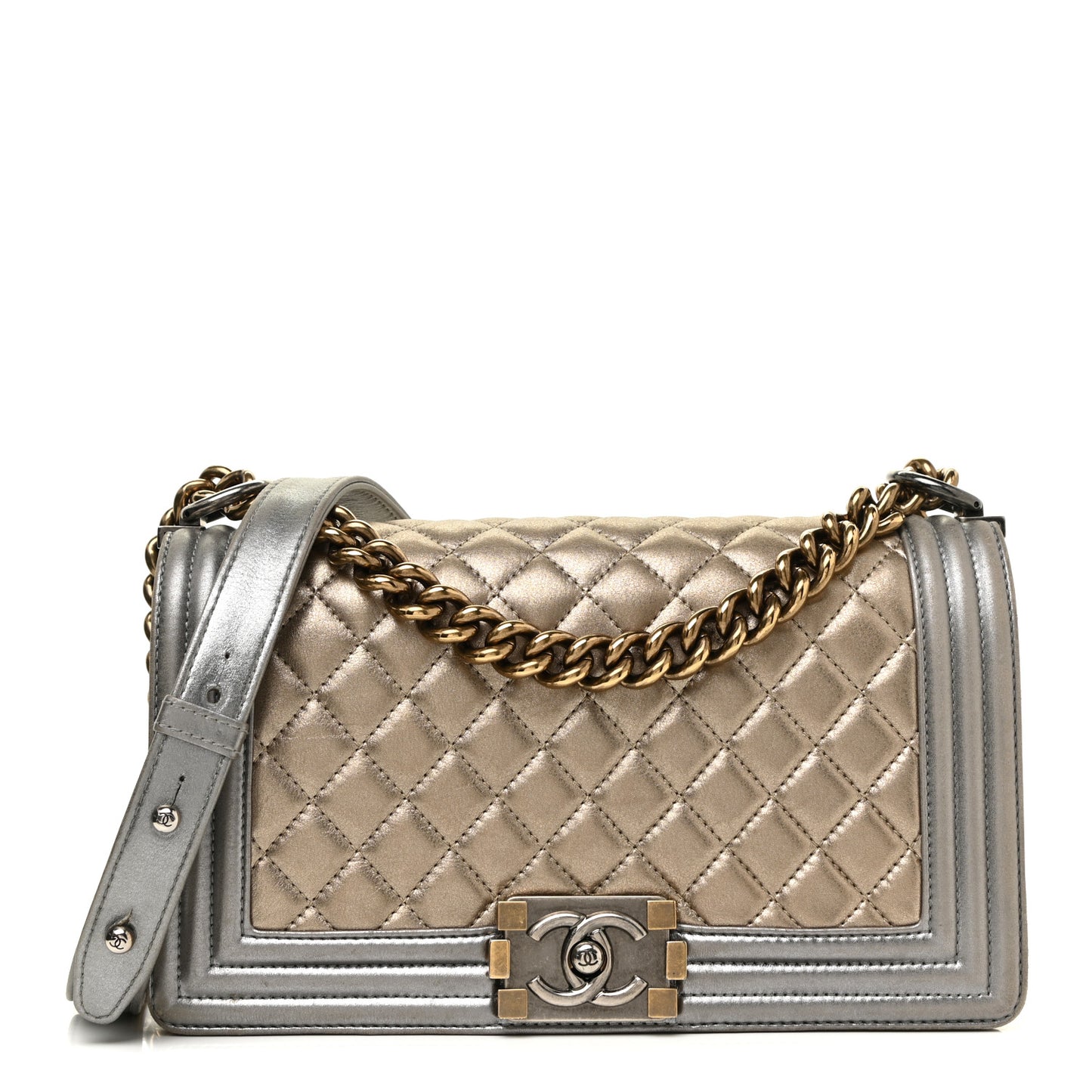 Metallic Calfskin Quilted Medium Boy Flap Khaki