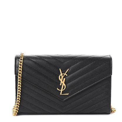 Saint Laurent Grain De Poudre Matelasse Chevron Monogram Chain Wallet Black 1 of 9