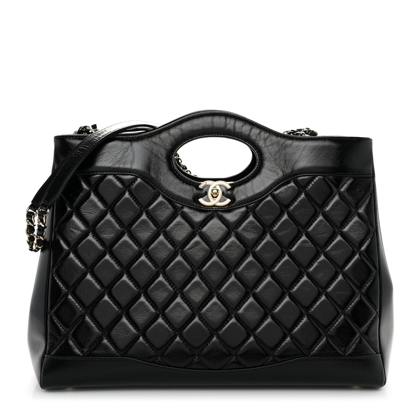 Shiny Aged Calfskin Quilted Large 31 Shopping Bag Black