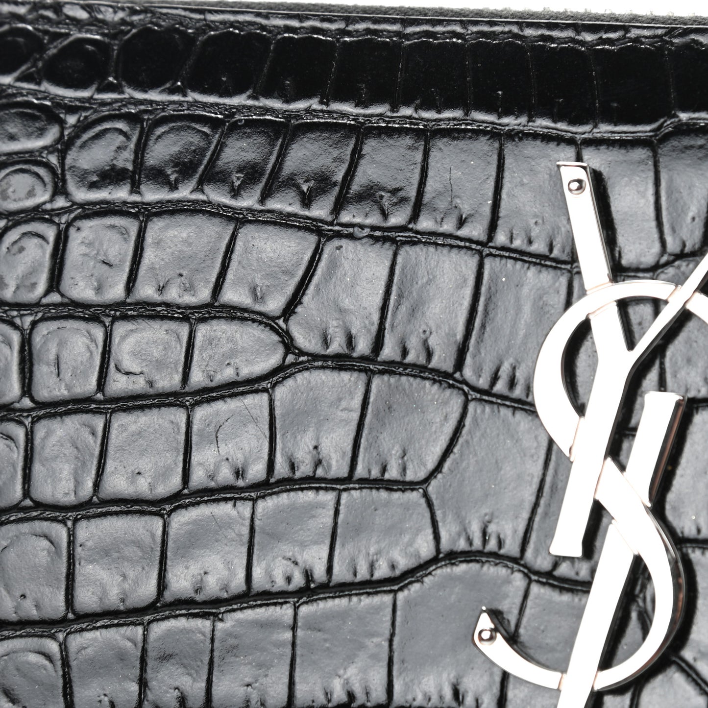 Calfskin Crocodile Embossed Monogram Zip Around Wallet Black