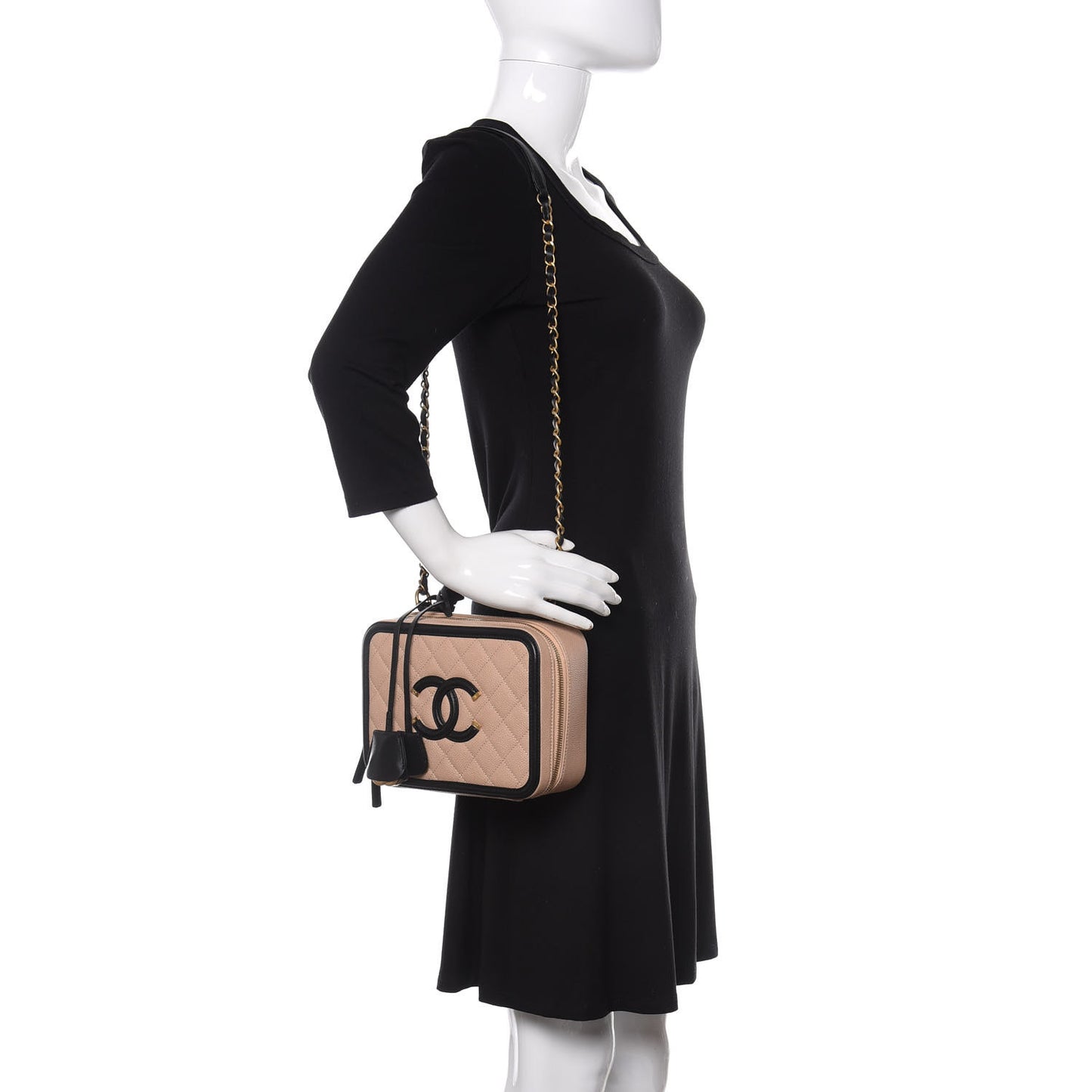 Caviar Quilted Medium CC Filigree Vanity Case Beige Black