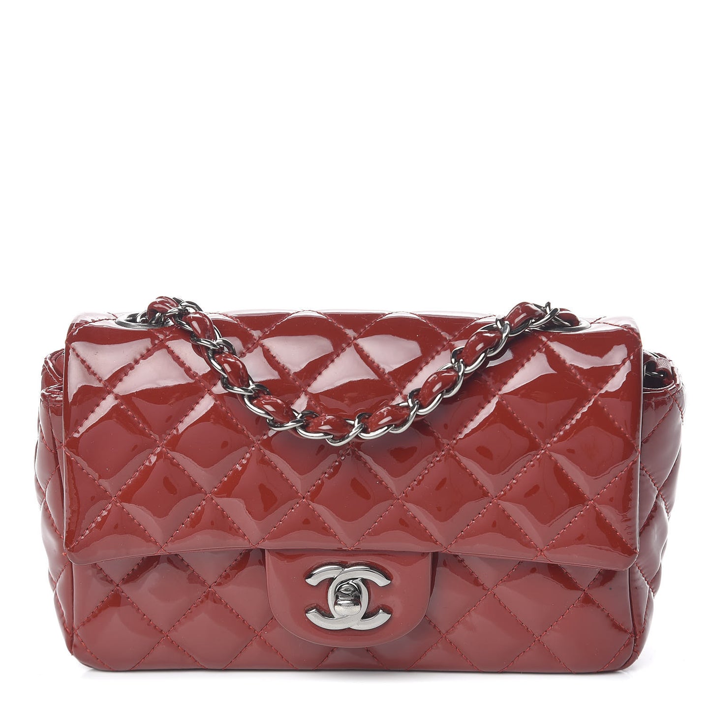Patent Calfskin Quilted Mini Rectangular Flap Red
