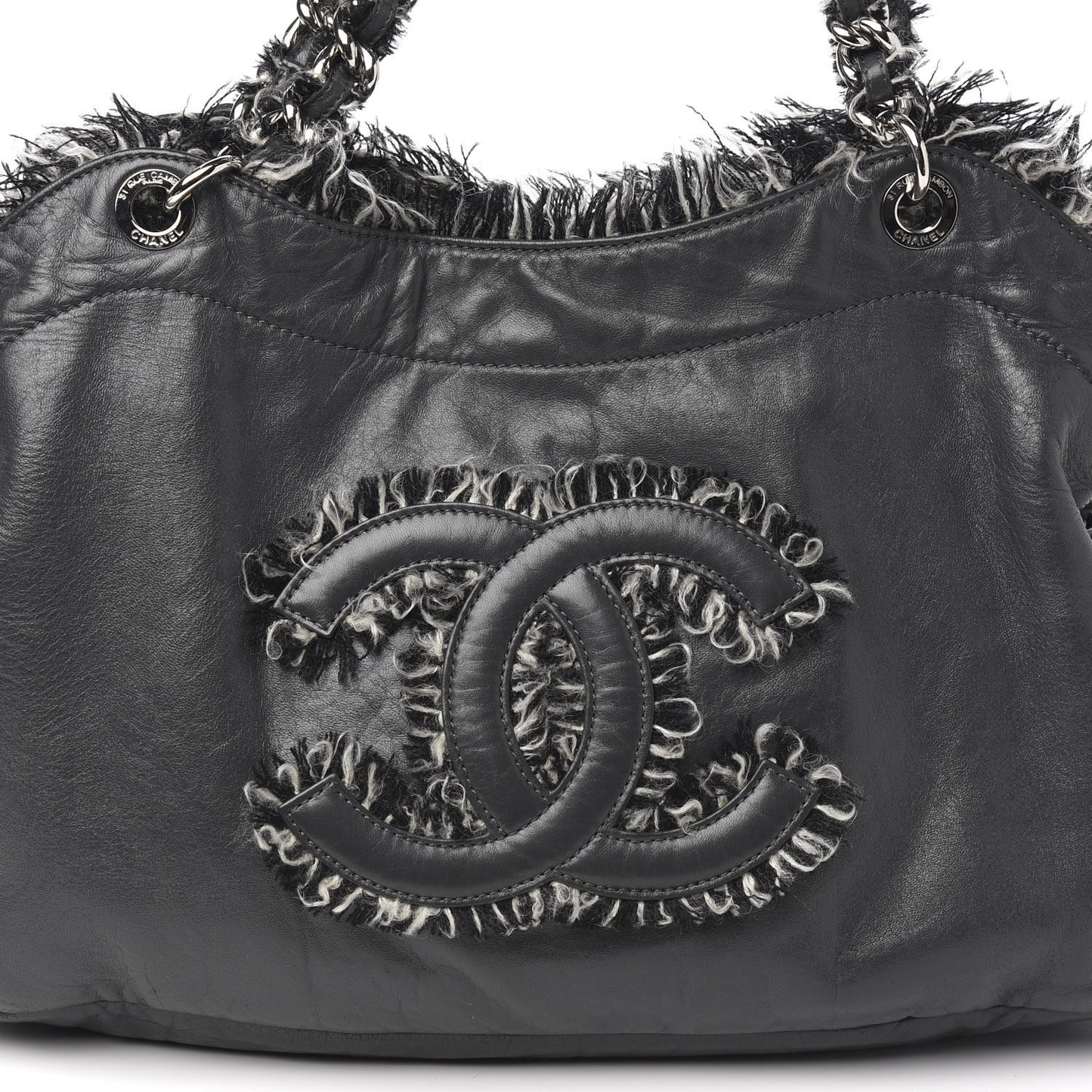 Tweed Lambskin Drawstring Tweedy Tote Dark Grey