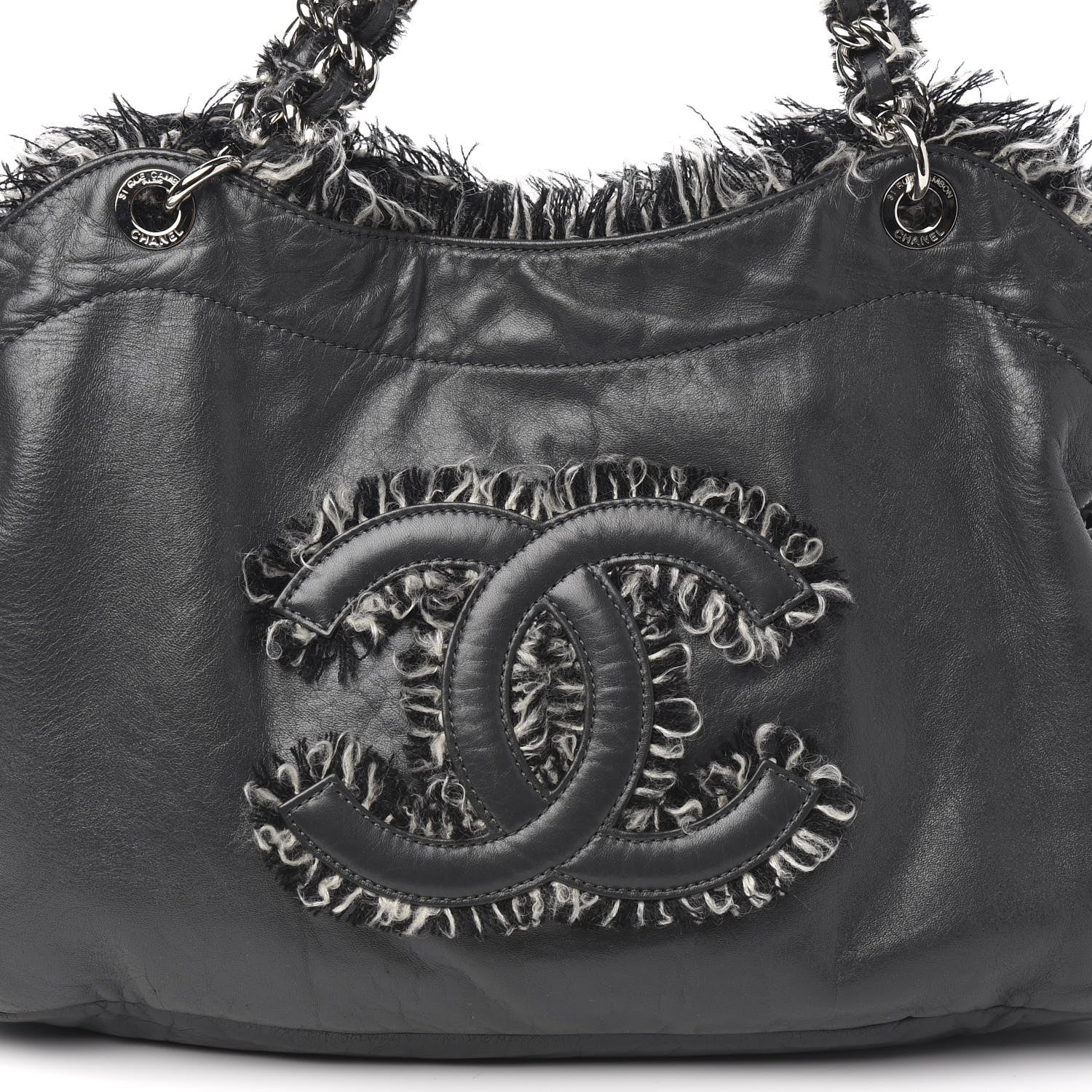 Chanel Tweed Lambskin Drawstring Tweedy Tote Dark Grey 10 of 10