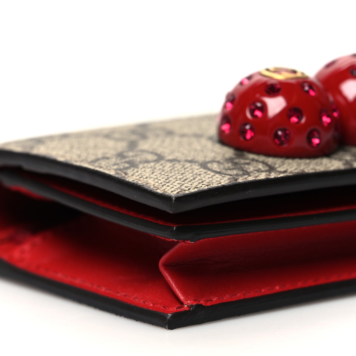 GG Supreme Monogram Cherry Embellished Card Case Wallet Hibiscus Red